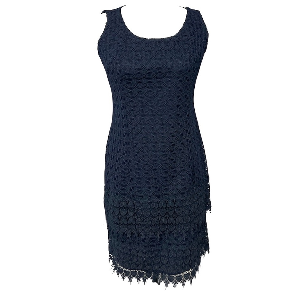 JOSEPH RIBKOFF Lace Overlay Sleeveless Dress in Navy